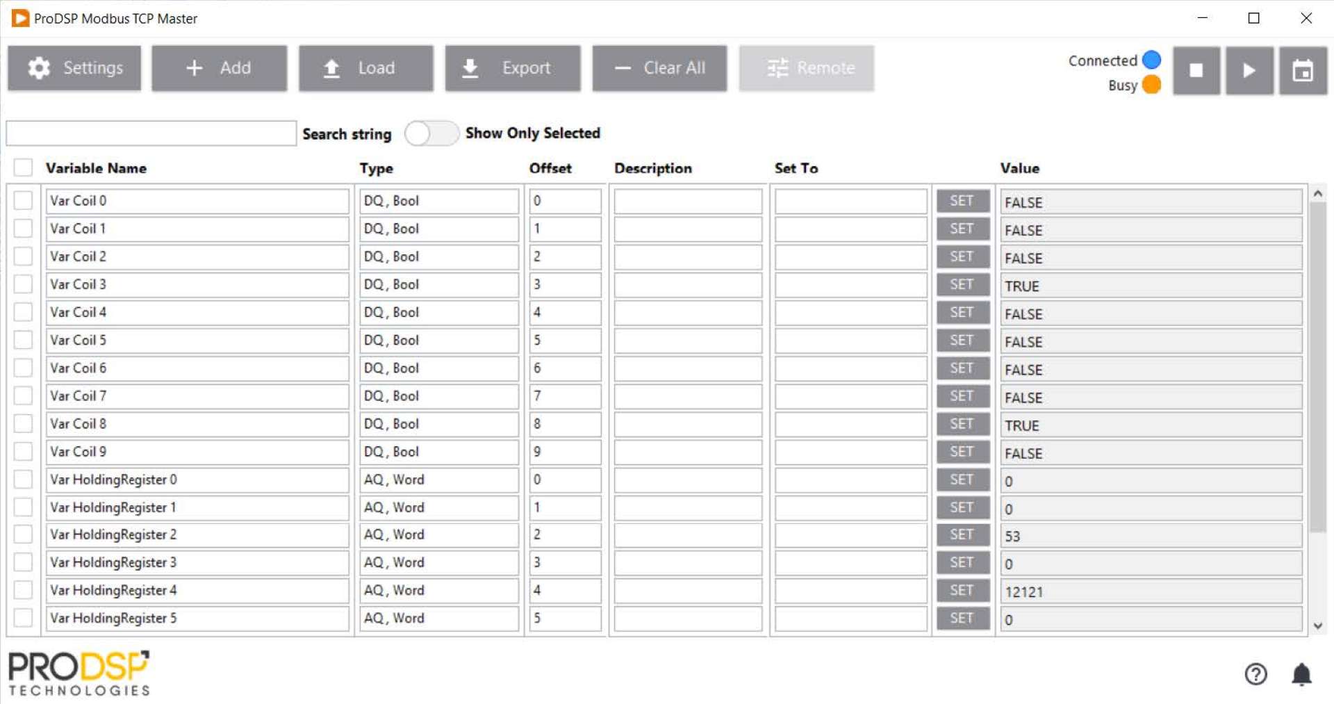 ProDSP ModbusTCP Master screenshot